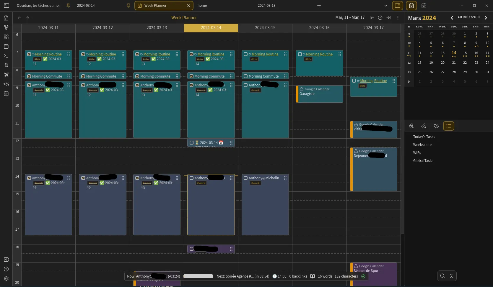 screenshot d'obsidian day planner avec un calendrier qui affiche différentes tâches et événements